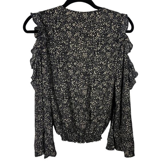 Blue Life Raven Top Floral Cold Shoulder Bell Sleeve Blouse Black Cream Women XS - Picture 5 of 11